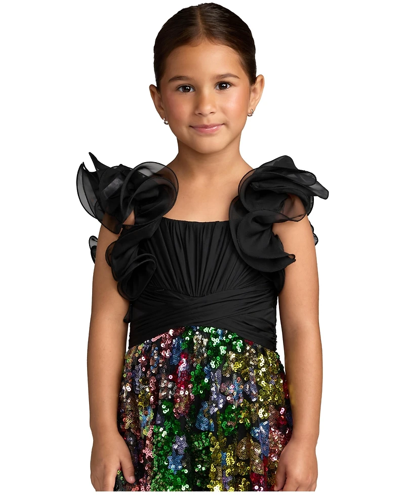 Mac Duggal Big Girls Sequin Floral Maxi Dress with Ruffle Sleeves