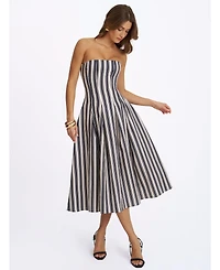 Miss Circle Women's Wyanne Black and White Linen Striped Strapless Midi Dress