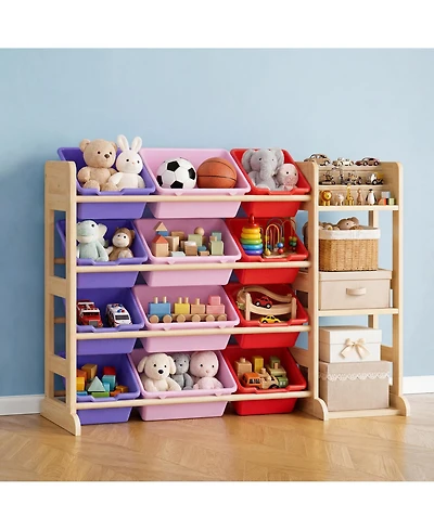 gaomon Kids Toy Storage Organizer 42" Wide Wood Cubby Bookshelf with 12 Bins and 3 Open Shelves for Playroom Nursery Bedroom