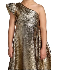 Mac Duggal Little Girls One-Shoulder Metallic A-Line Maxi Dress