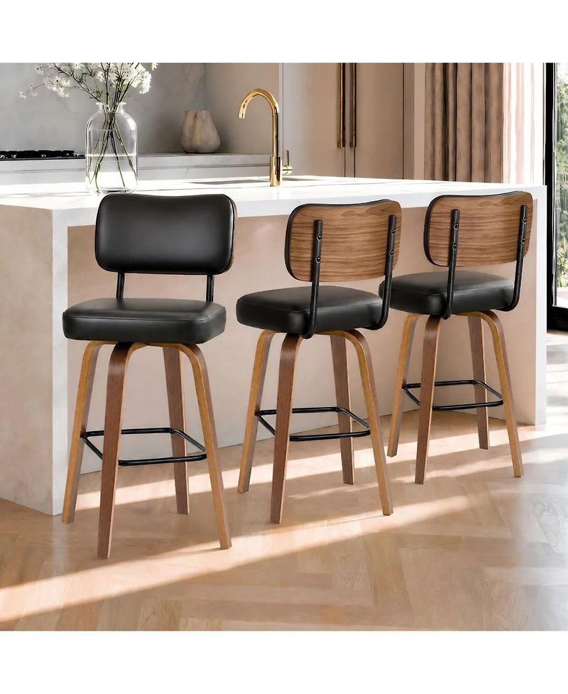 gaomon Set of 2 Bar Stools 26" Counter Height Swivel Faux Leather Seat with Backrest Bentwood Legs for Kitchen Island Home