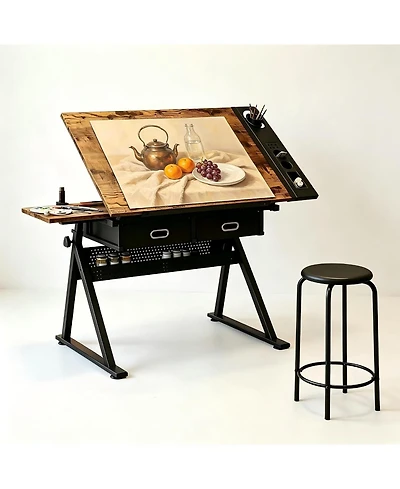 Height Adjustable Drafting Table with Stool, 0-75degree(s) Tilting Art Desk with 2 Drawers