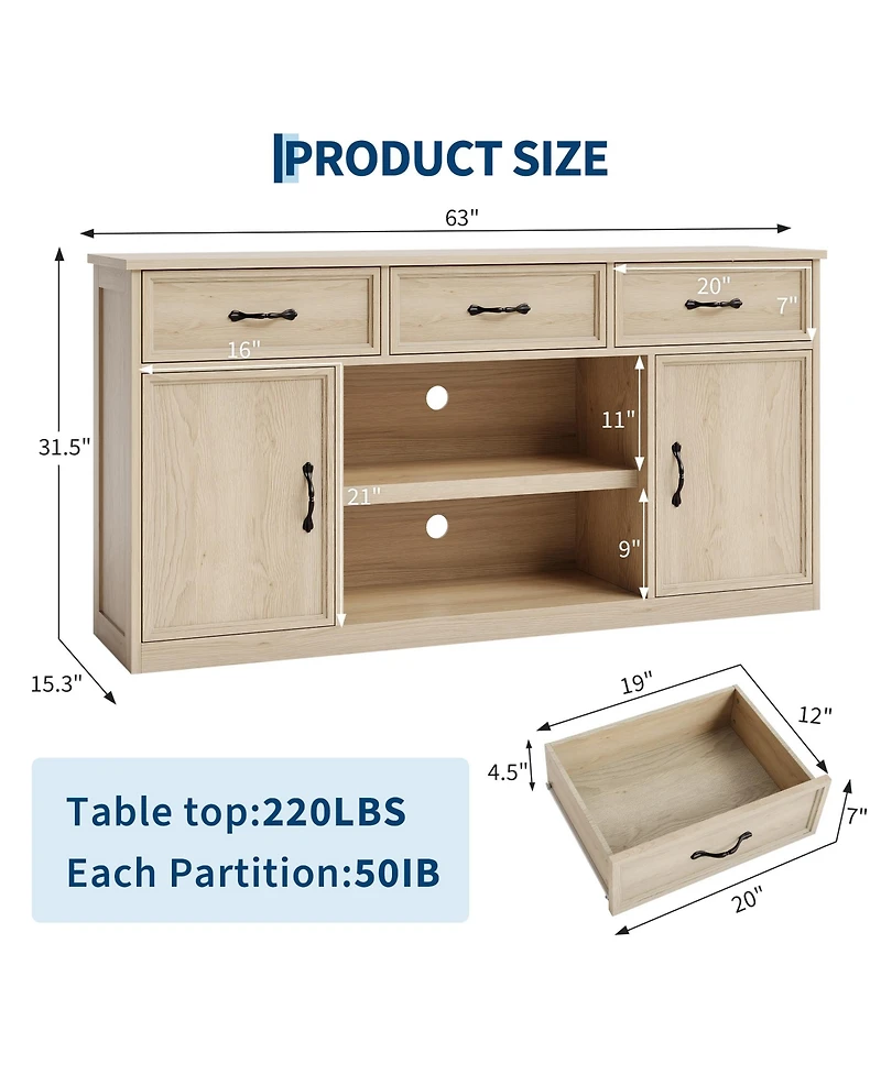 Tv Stand for Tvs Up to 65 in, Farmhouse TV Console with 3 Drawers, 2-Door Cabinets, Adjustable Shelves and Open Storage, Natural