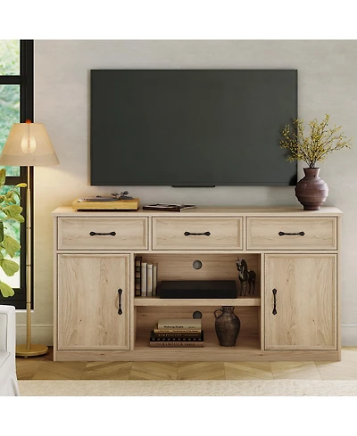 Tv Stand for Tvs Up to 65 in, Farmhouse TV Console with 3 Drawers, 2-Door Cabinets, Adjustable Shelves and Open Storage, Natural