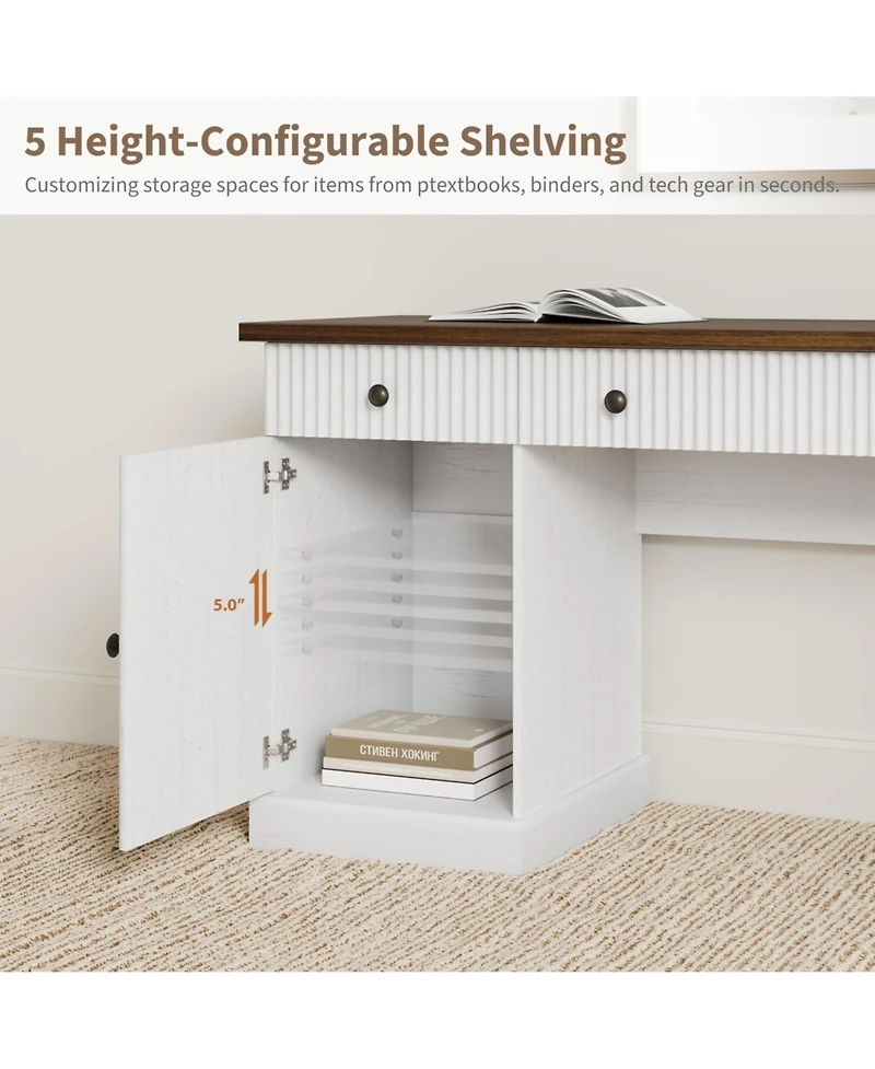 60" Modern Executive Desk with Storage Cabinet and Drawer, Fluted Design