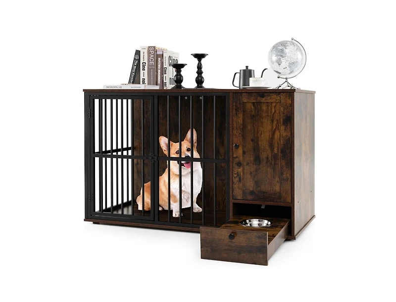 Sugift 47.5 Inch Dog Crate Furniture with Hidden Pull-Out Feeding Bowls Storage Cabinet and Lockable Door