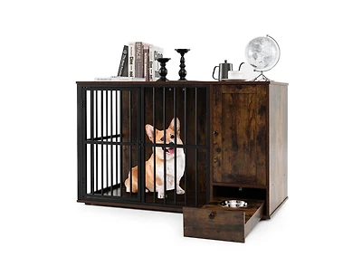 Sugift 47.5 Inch Dog Crate Furniture with Hidden Pull-Out Feeding Bowls Storage Cabinet and Lockable Door