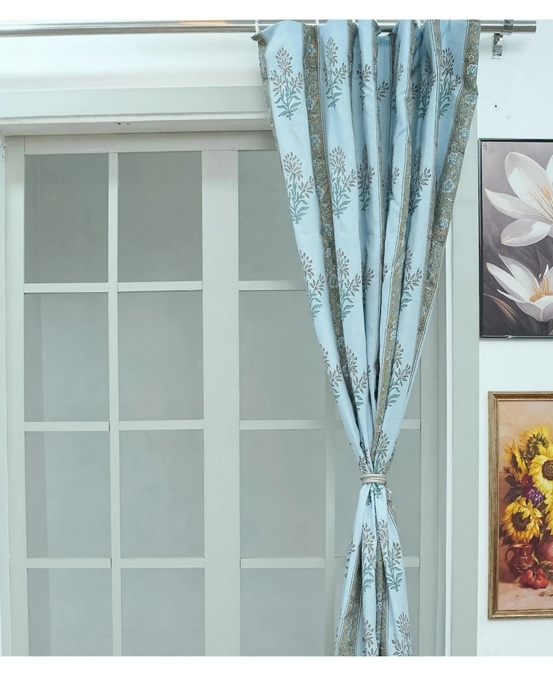 Fabdivine Handmade Noor Floral Block Print Linen Curtain