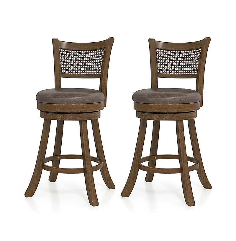 Sugift Set of 2 25 Inch Swivel Bar Stools with Leathaire Upholstery and Rattan Backrest