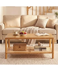 Sugift 2-Tier Boho Rectangular Coffee Table with Rubber Wood Frame and Woven Storage Shelf