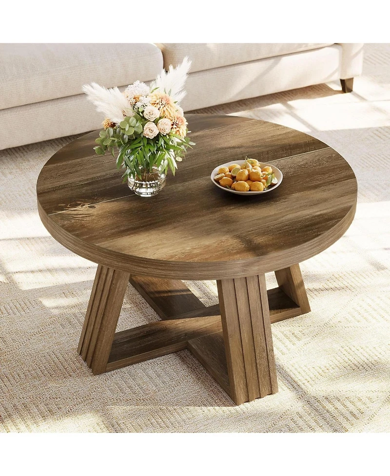 Tribesigns 31.5" Round Coffee Table with Cross-Shaped Frame