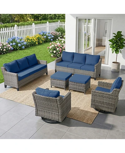Pocassy 6pcs Patio Furniture Set Swivel Rocker Patio Chairs,Pe Wicker Outdoor Sofa Set of 2 with Ottomans and Thick Cushion