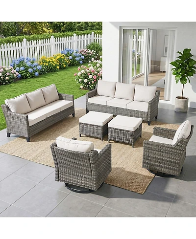 Pocassy 6pcs Patio Furniture Set Swivel Rocker Chairs,Pe Wicker Outdoor Sofa of 2 with Ottomans and Thick Cushion