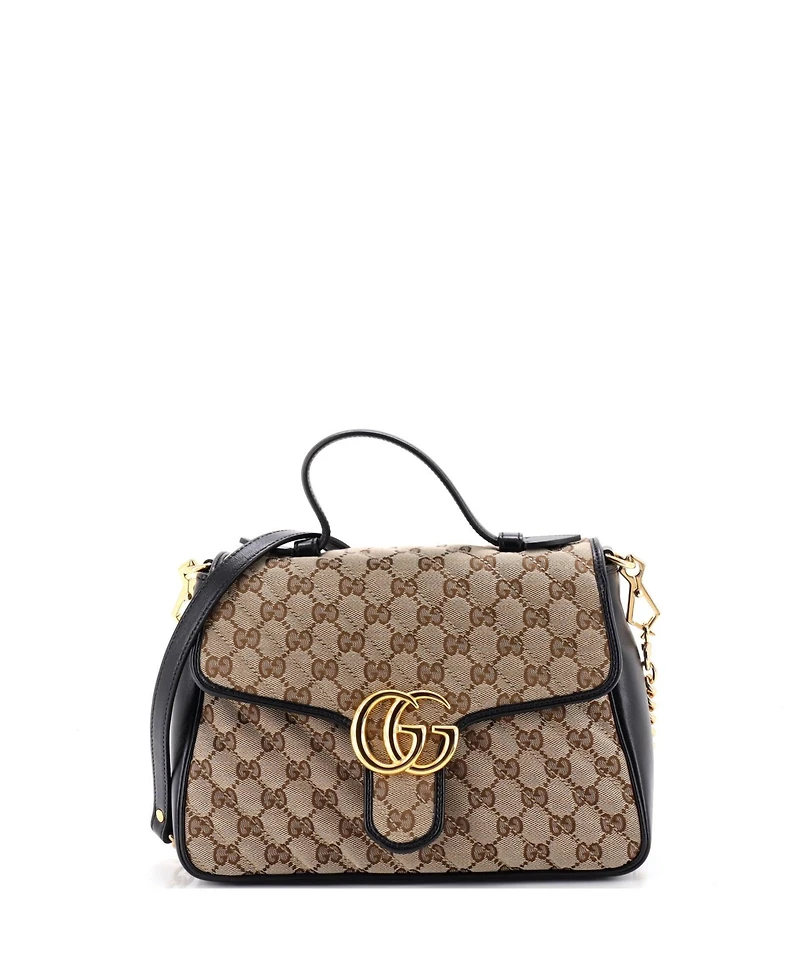 Pre-Owned Gucci Small Gg Marmont Top Handle Flap Bag Diagonal Quilted Gg Canvas with Leather