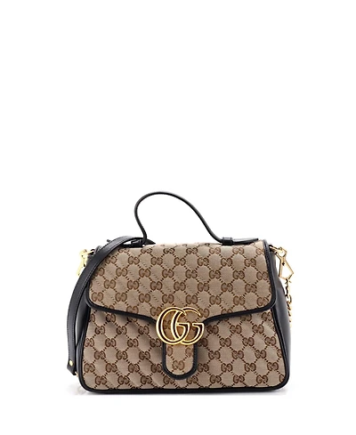 Pre-Owned Gucci Small Gg Marmont Top Handle Flap Bag Diagonal Quilted Gg Canvas with Leather