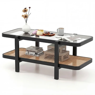 Sugift 2-Tier Coffee Table with Tempered Glass Top and Rattan Storage Shelf
