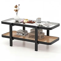 Sugift 2-Tier Coffee Table with Tempered Glass Top and Rattan Storage Shelf