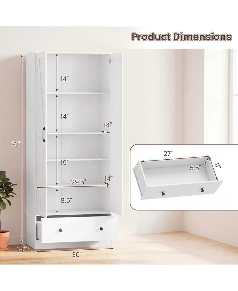 Sugift 72 Inch Farmhouse Kitchen Pantry Cabinet with 2 Doors and 5-Tier Shelves