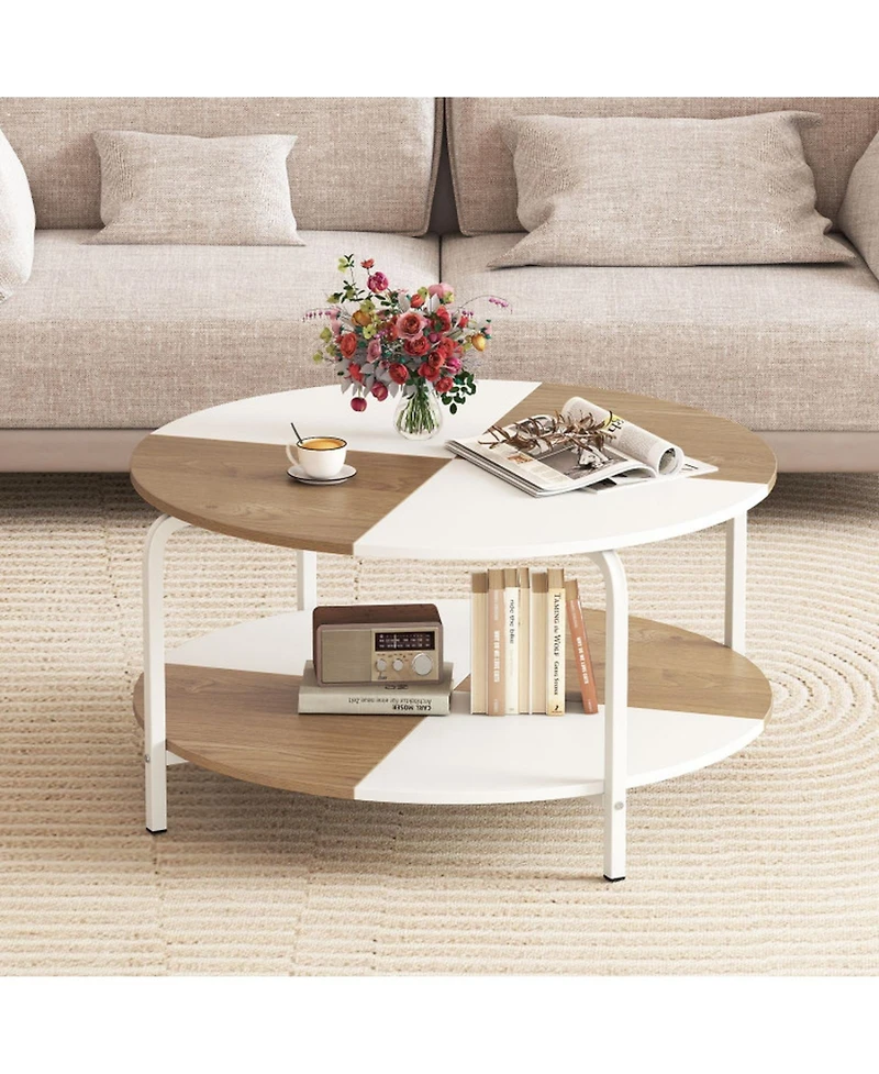 Sugift 31.5 Inch Split-Top Round Coffee Table with Metal Frame and Storage Shelf