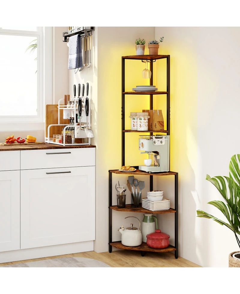 Sugift 65 Inch 6-Tier Corner Shelf with Charging Station Ambience Light and Stemware Rack