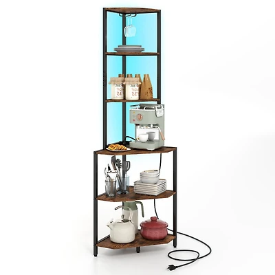 Sugift 65 Inch 6-Tier Corner Shelf with Charging Station Ambience Light and Stemware Rack