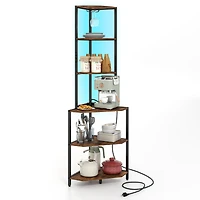 Sugift 65 Inch 6-Tier Corner Shelf with Charging Station Ambience Light and Stemware Rack