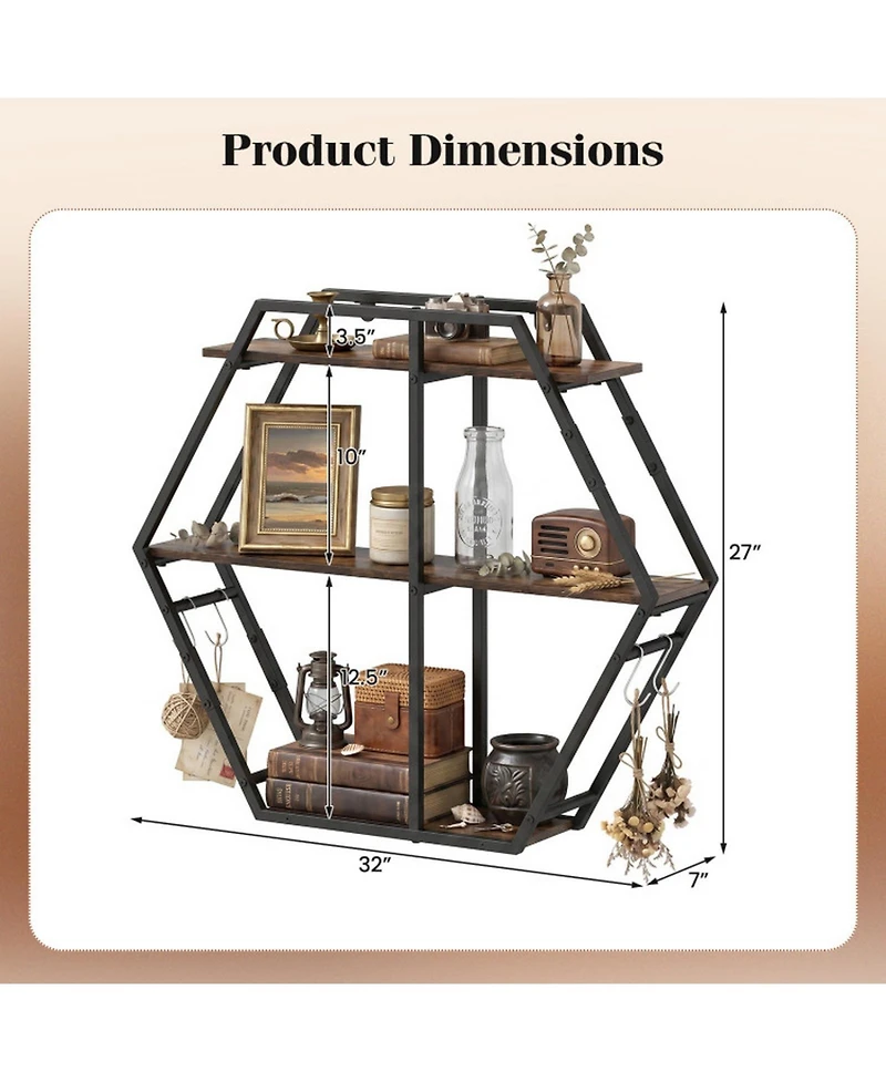 Sugift 3-Tier Geometric Wall Mounted Bookcase Hexagon Display Shelf with 4 S-Shaped Hooks