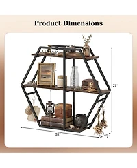 Sugift 3-Tier Geometric Wall Mounted Bookcase Hexagon Display Shelf with 4 S-Shaped Hooks