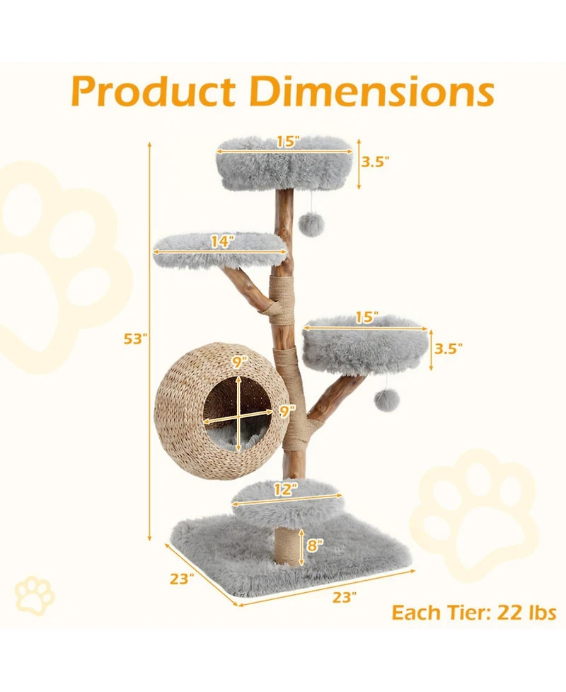 Sugift 5-Tier Wooden Cat Tree with Hand Woven Condo Plush Perches and Jute Posts