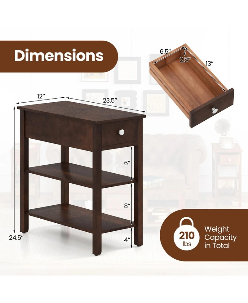 Sugift 3-Tier Narrow End Table with Pull-Out Drawer and Storage Shelves