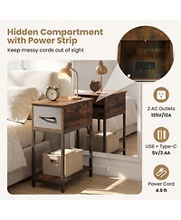 Sugift Industrial Narrow Side Table with Charging Station Led Lights and Fabric Drawer
