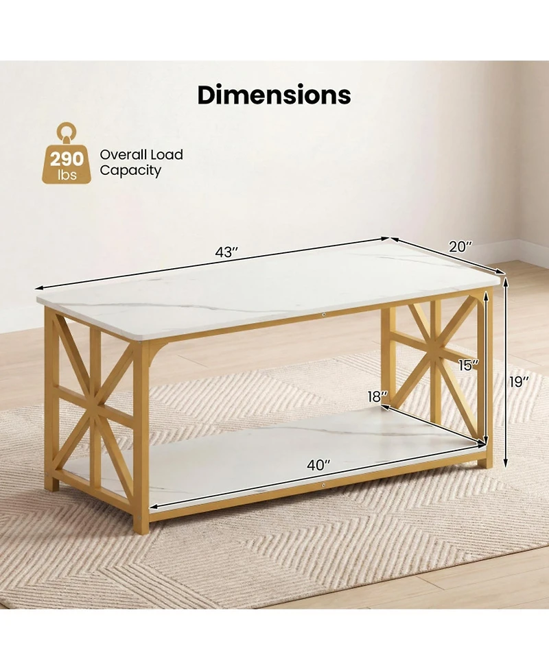 Sugift 43 Inch Faux Marble Coffee Table with X-Shaped Carbon Steel Frame