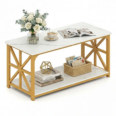 Sugift 43 Inch Faux Marble Coffee Table with X-Shaped Carbon Steel Frame