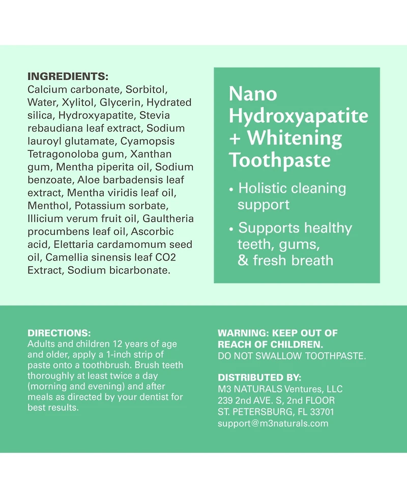 M3 Nano Hydroxyapatite Fluoride Free Whitening Toothpaste with Calcium, Mint and Spearmint 4.23 Ounce