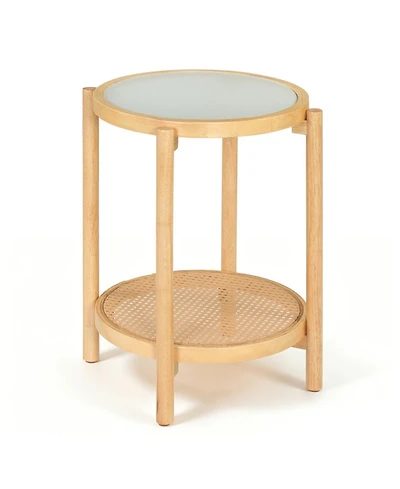 Sugift 2-Tier Round Boho End Table with Tempered Glass Top and Woven Shelf