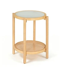 Sugift 2-Tier Round Boho End Table with Tempered Glass Top and Woven Shelf