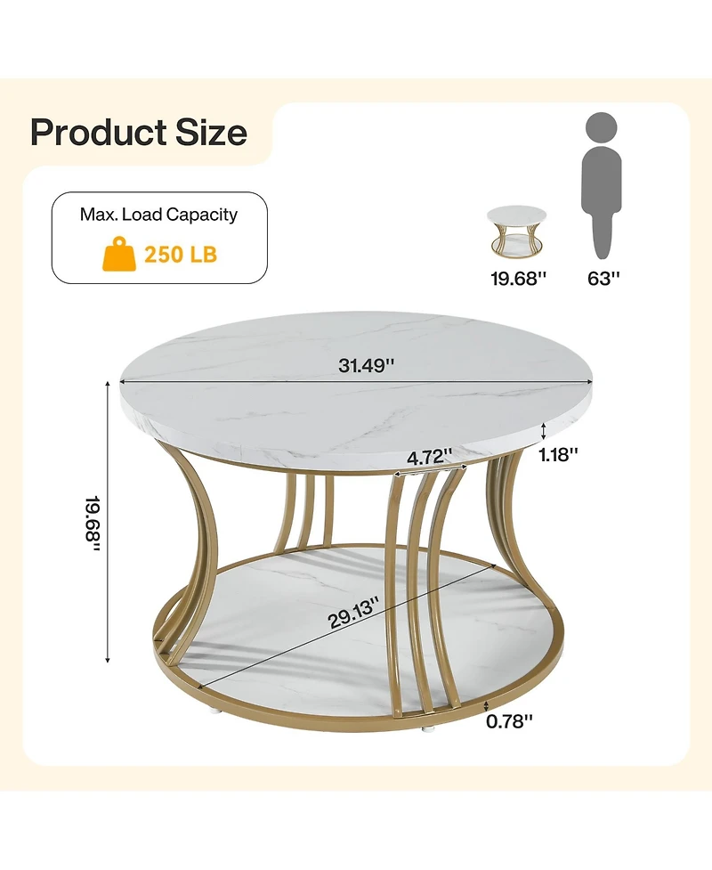 Tribesigns 31.5" Round Faux Marble Coffee Table with 2-Tier Storage