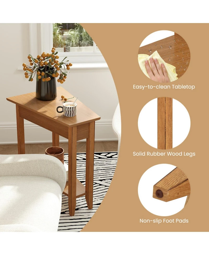 Sugift 2-Tier Wedge Narrow End Table with Storage Shelf and Solid Wood Legs