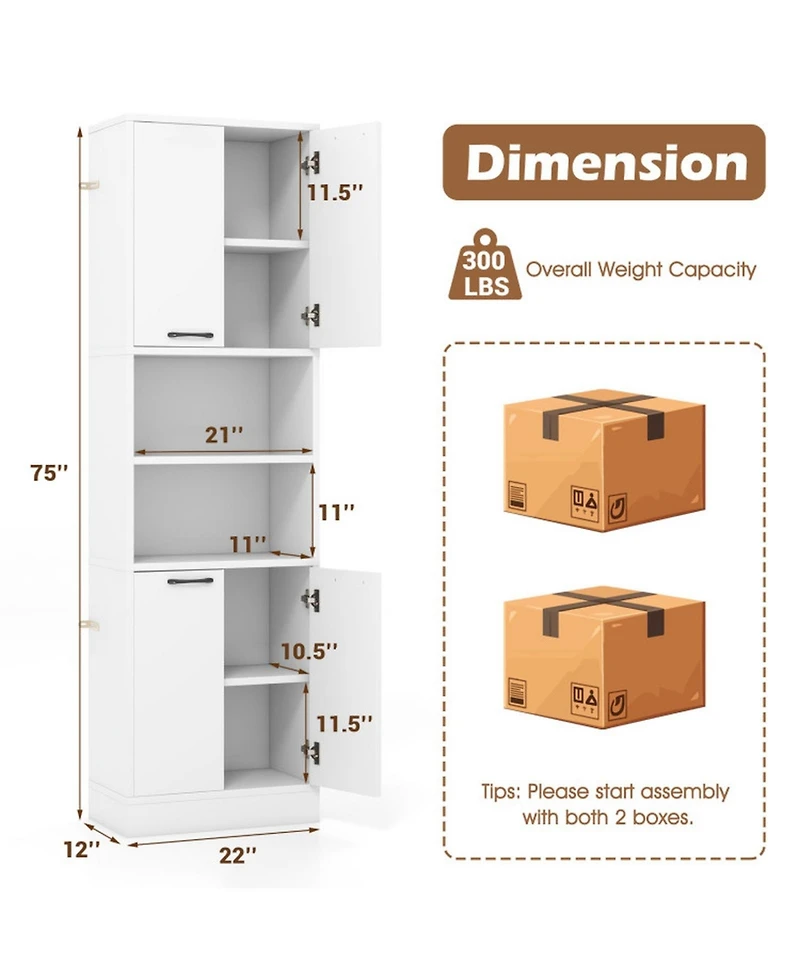 Sugift 75 Inch Freestanding Kitchen Pantry Cabinet Tall Cupboard with 4 Doors and Shelves