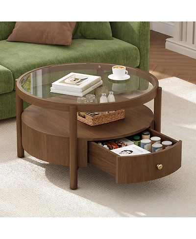 Streamdale Furniture Solid Wood Round Glass Top Coffee Table with Storage Drawer