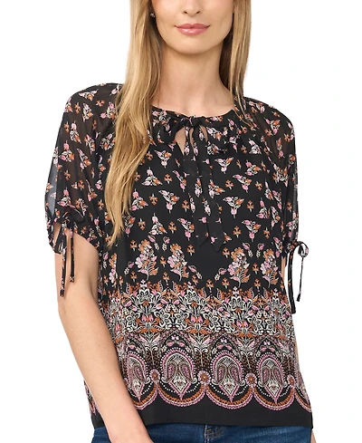 CeCe Women's Puff Raglan Short-Sleeve Tie Neck Floral-Print Blouse