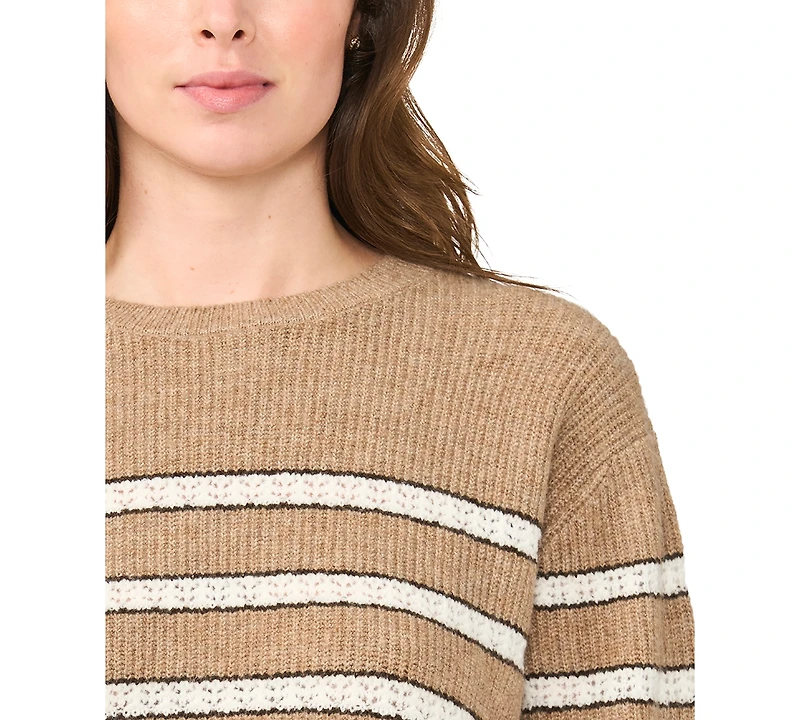 CeCe Women's Stripe Pointelle 3/4-Sleeve Crewneck Sweater