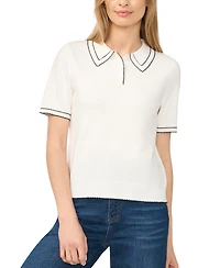CeCe Women's Contrast-Stitch Short-Sleeve Polo Collared Sweater