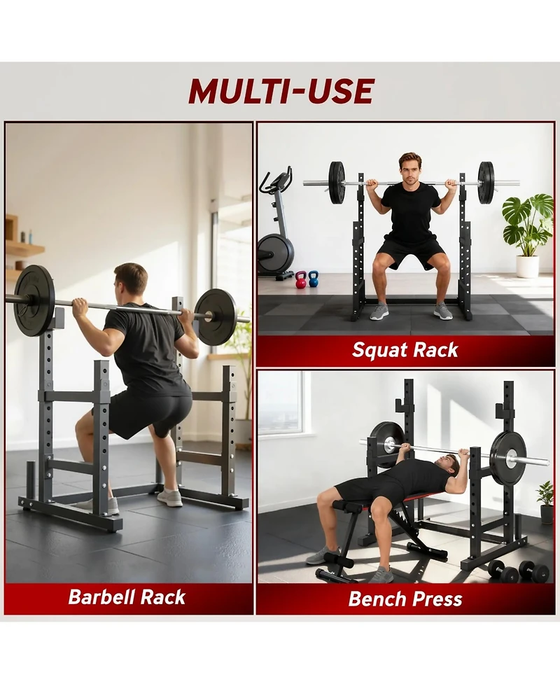 Sevorley Adjustable Squat Rack Stand with Dual Barbell Holders, Safety Spotters, Plate Storage, Heavy-Duty Steel Frame