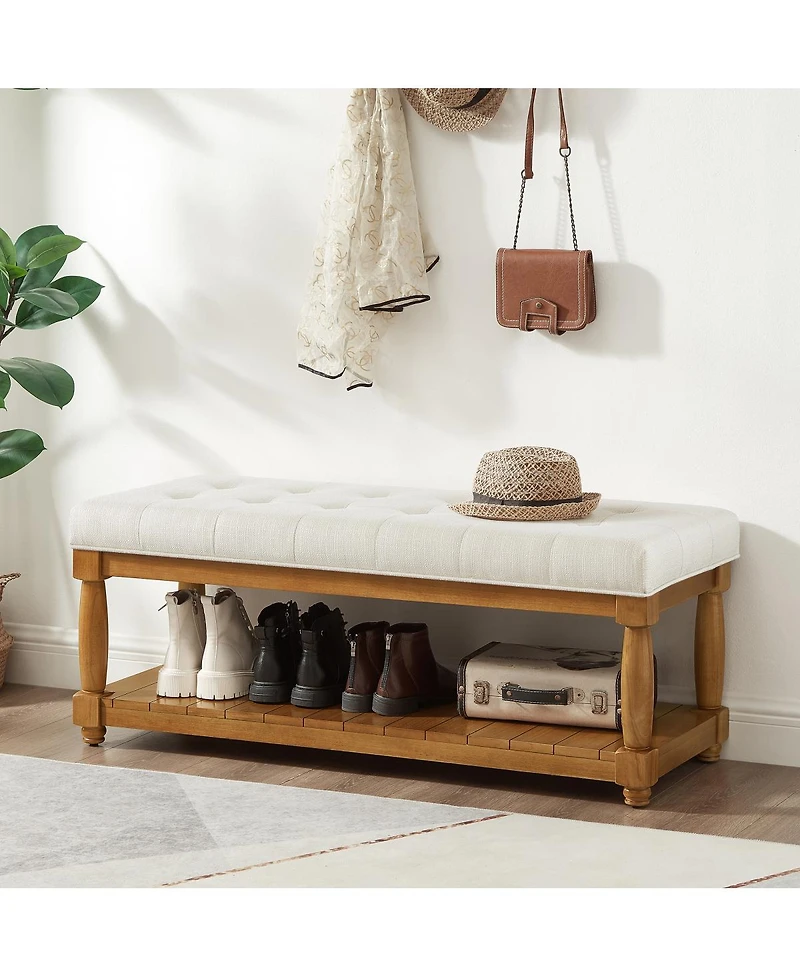 Streamdale Furniture Upholstered Linen Storage Bench with Shelf and Wood Legs