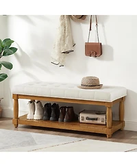 Streamdale Furniture Upholstered Linen Storage Bench with Shelf and Wood Legs