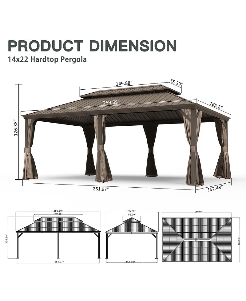 Asagikoiai 14 x 22 Feet Hardtop Gazebo, Metal Patio Gazebo Canopy with Curtains and Netting
