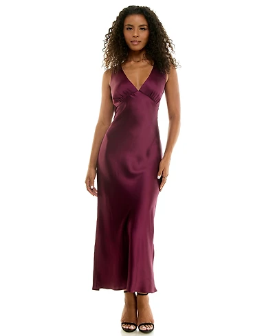Emerald Sundae Juniors' V-Neck A-Line Satin Midi Dress