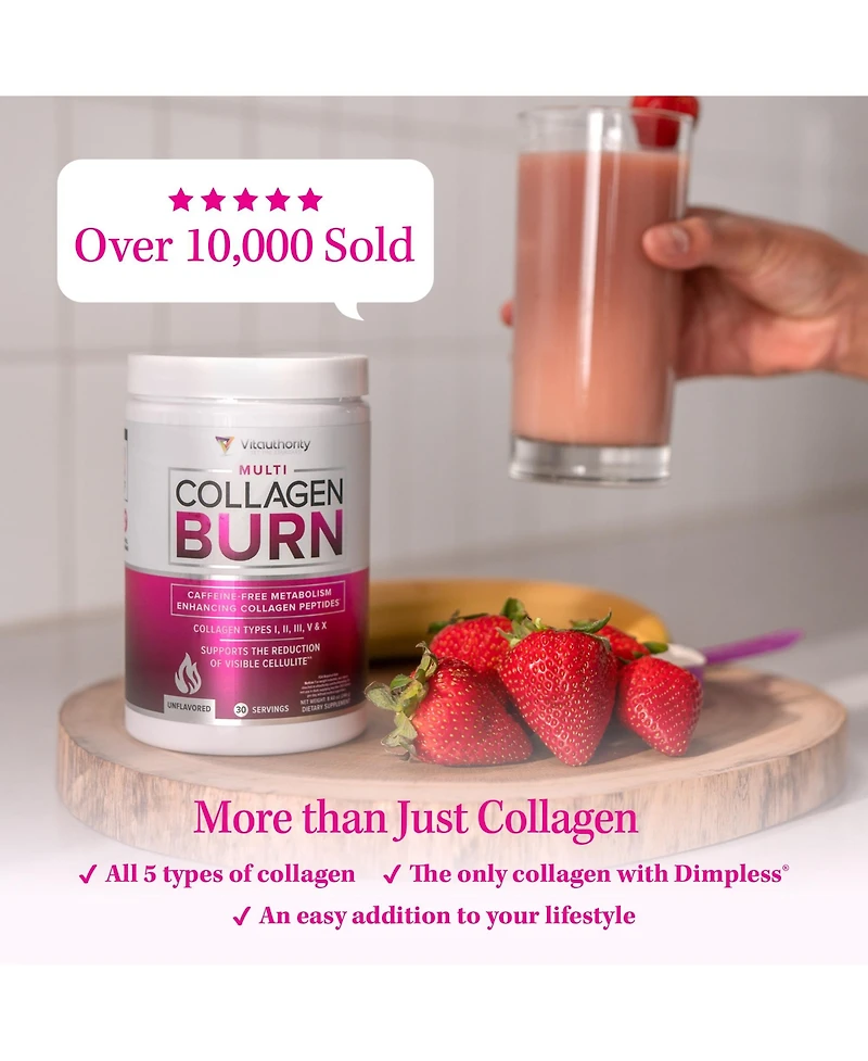 Vitauthority Multi Collagen Burn Supplement Caffeine Free Metabolism Support Collagen Peptides for Skin, Hair and Nails Sour Cherry Melon Flavor