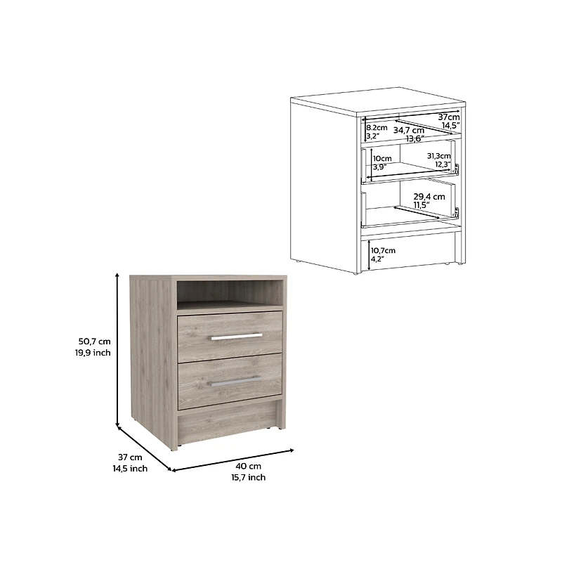 Flynama Light 2-Drawer Nightstand with Open Shelf and Metal Handles, 19.9"H